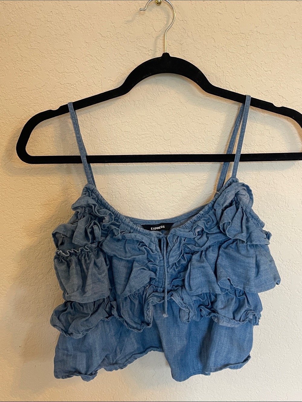Express Ruffled Denim Crop Tank - Picture 2 of 5